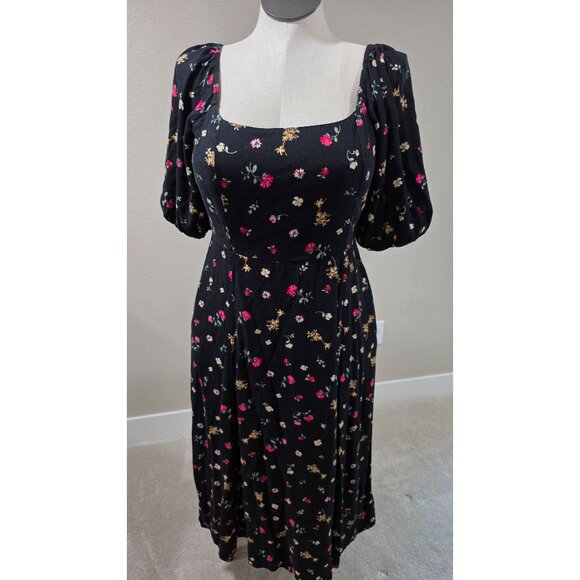 Floral Puff Sleeve Midi Dress With Pockets Black Multicolor - Picture 3 of 9